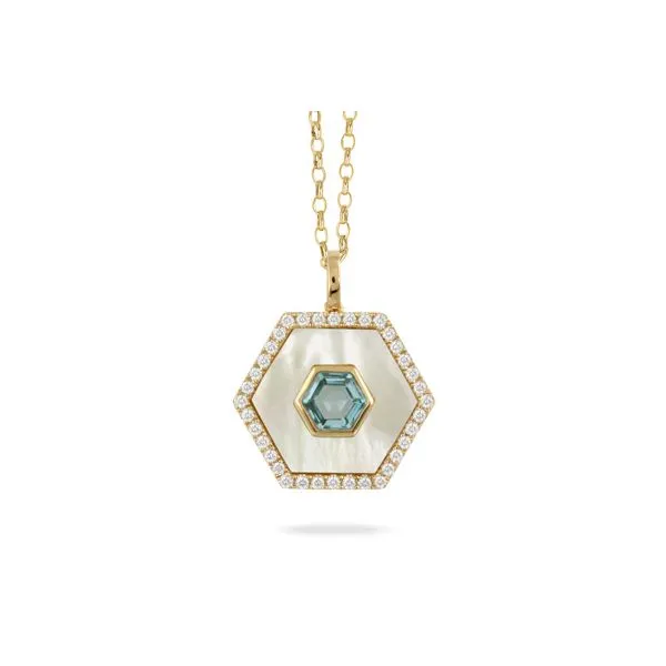 18K Yellow Gold Sky Blue Topaz, Mother of Pearl and Diamond Necklace