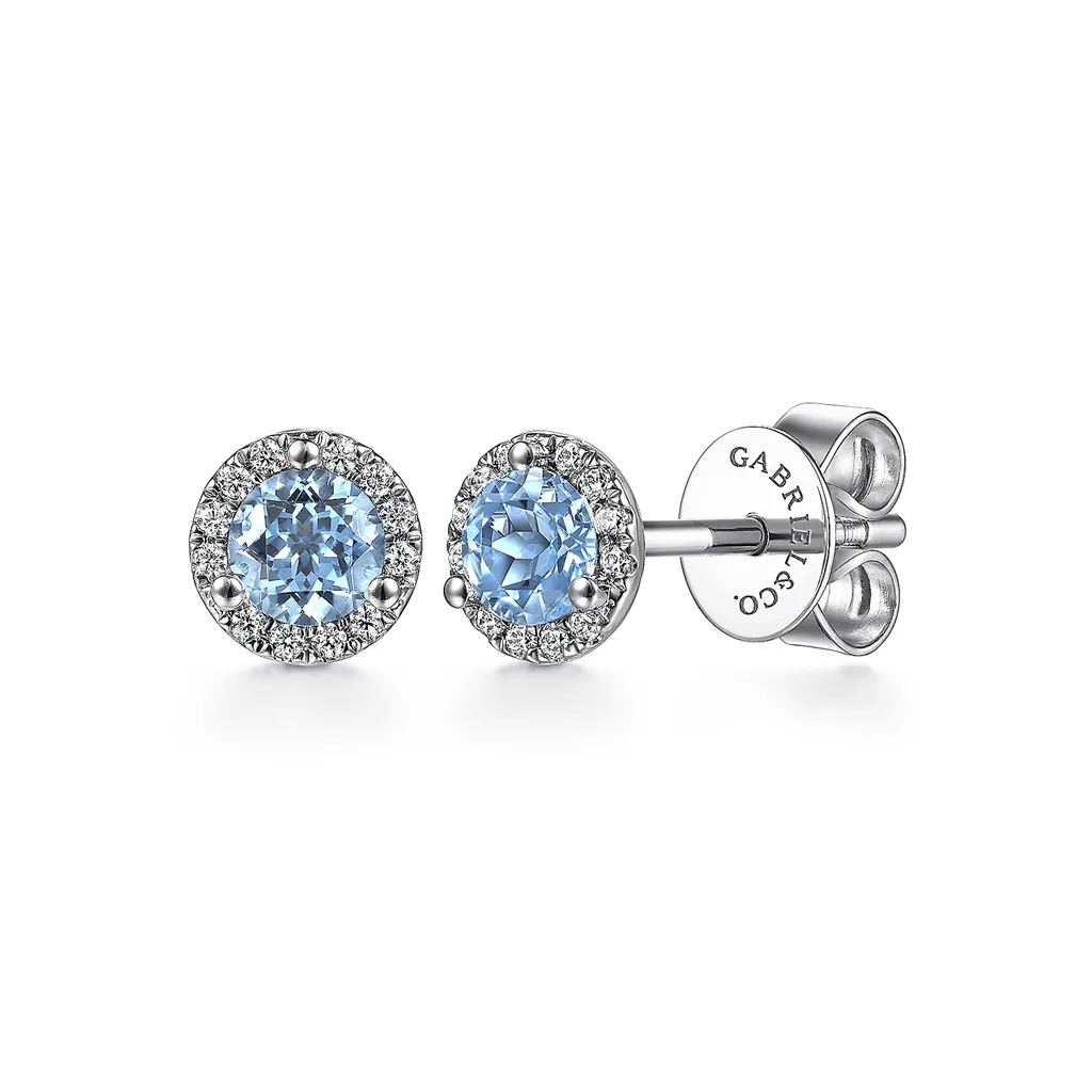 Gabriel & Co. Fashion 14K White Gold Diamond Halo  Swiss Blue Topaz Stud Earring