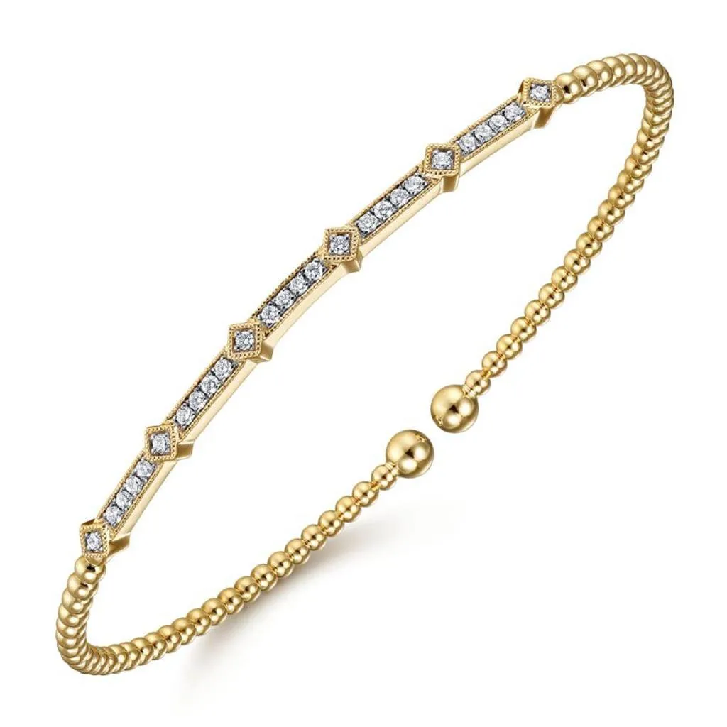 Gabriel & Co 14K Yellow Gold Beaded Station Diamond Cuff Bujukan Bangle BG4337-62Y45JJ