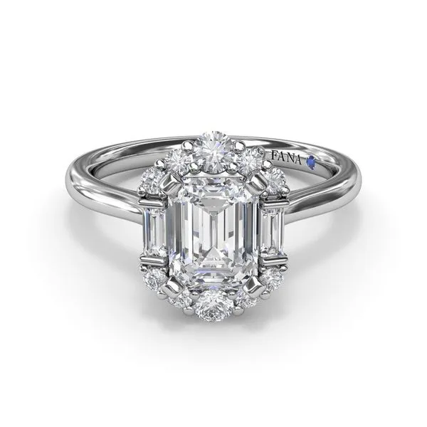 14K Graduated Halo Emerald Diamond Engagement Ring