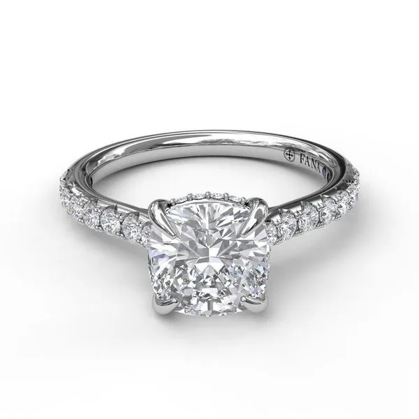 14K Cushion Cut Solitaire Engagement Ring w Hidden Halo