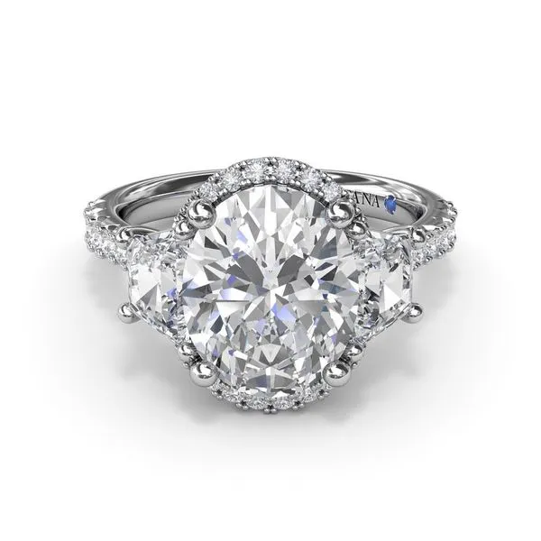 14kt White Gold Halo Diamond Engagement Ring with Lab Trapezoid Sides