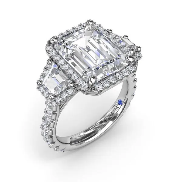 14K White Gold Three Stone Halo Trapezoid Engagement Ring