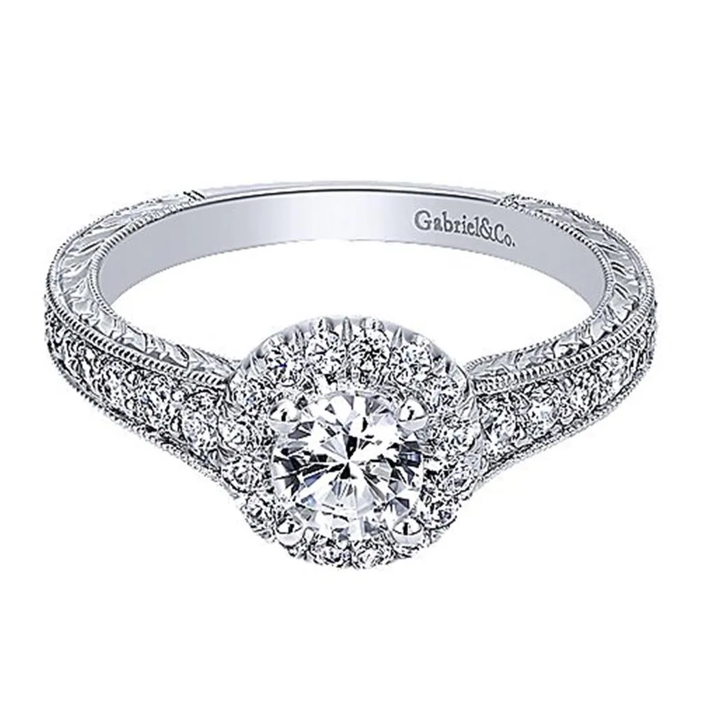 Engraved Halo Diamond Engagement Ring