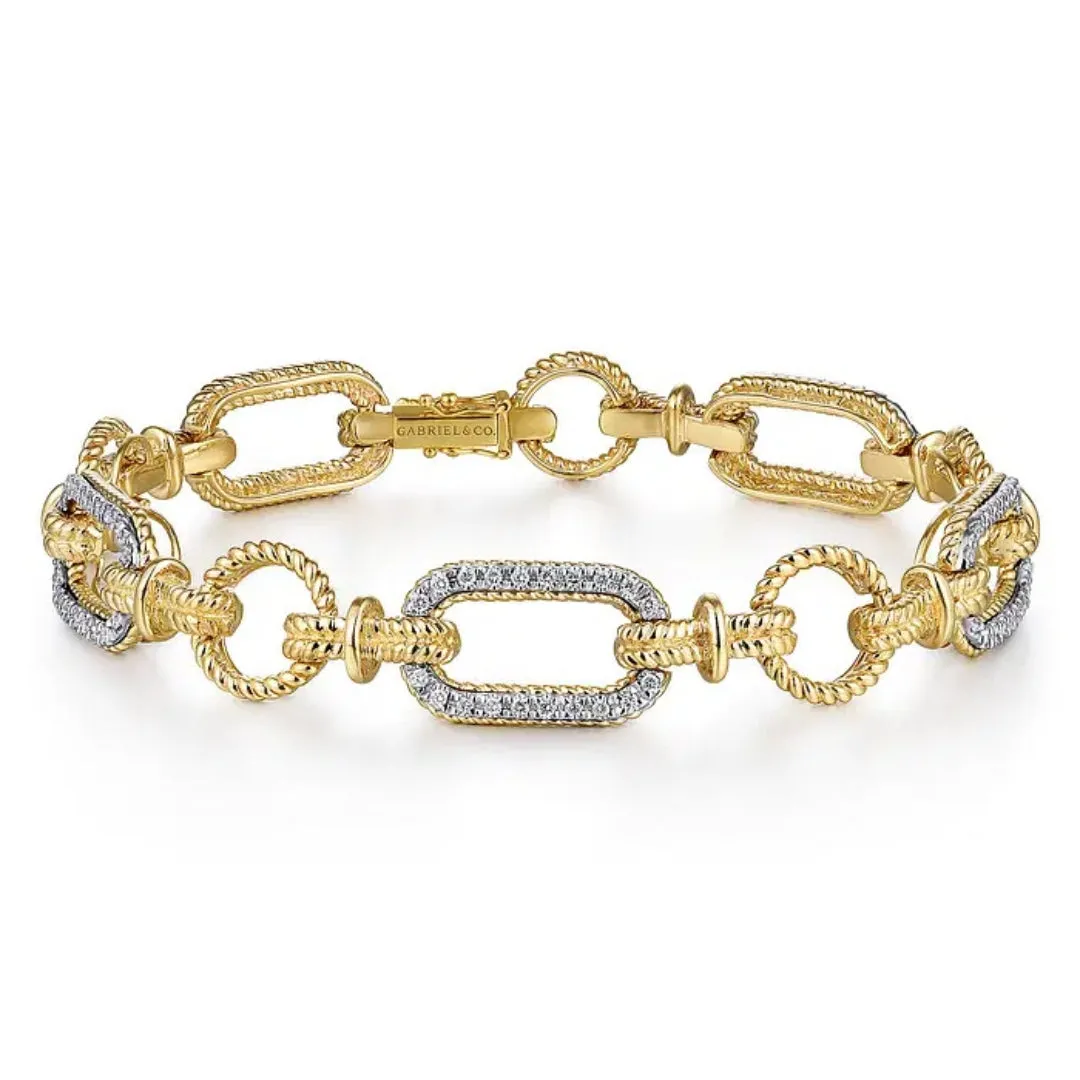 14K Yellow & White Gold Diamond Bracelet with Alternating Links