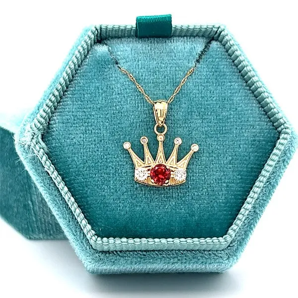 "Crown" 14K Yellow Gold .16 Carat Total Weight Diamond and Garnet Crown Pendant Estate