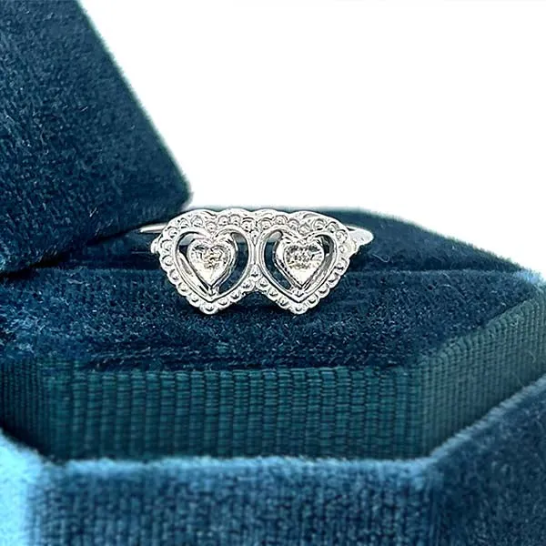 "Lillian" 10K White Gold Two Diamond Double Heart Ring Estate BT923PP-1 BT923PP-1