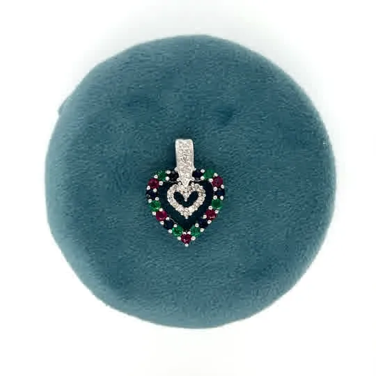 "BethAnn" 14K White Gold 0.76 Total Gem Weight [0.08CT (17) Diamond, 0.24CT (6) Emerald, 0.24CT (6) Sapphire, and 0.2CT (5) Ruby] Heart Pendant Charm Estate LWESR2125 LWESR2125