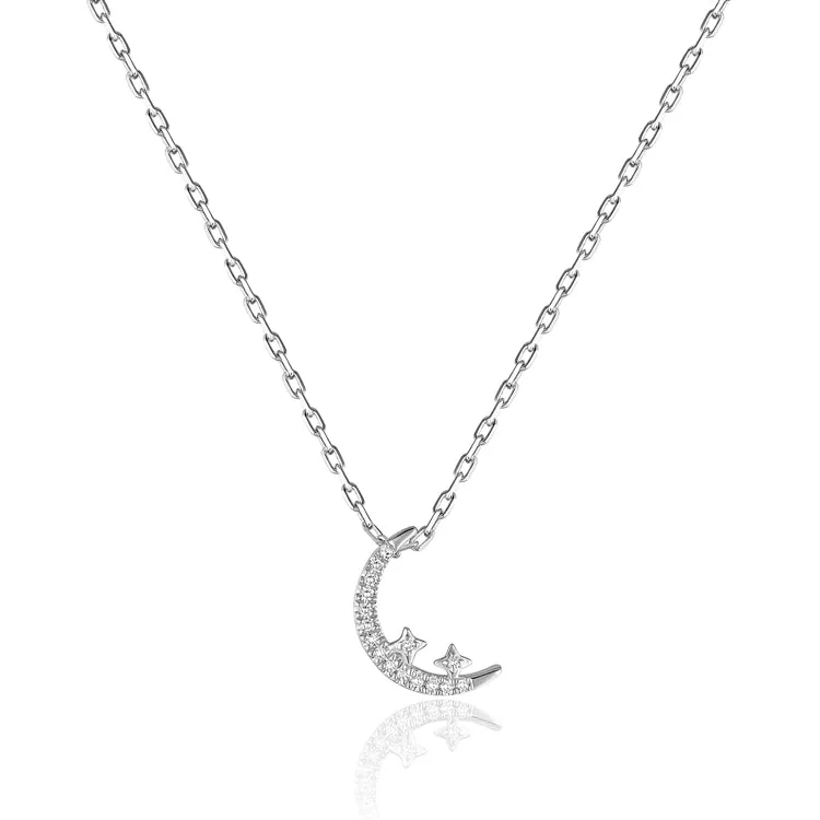 14K White Gold 0.04cttw H/I SI Moon & Stars Diamond Pendant Necklace by Luvente