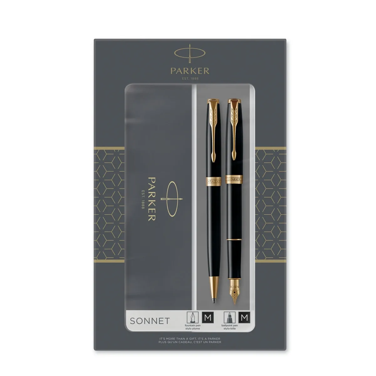 parker sonnet duo gift set with ballpoint pen & fountain pen (18k gold nib) gloss black with gold trim black refill & cartridges