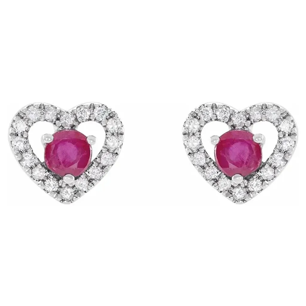 14K White Gold Ruby Diamond Heart Halo Earrings 653643:600:P