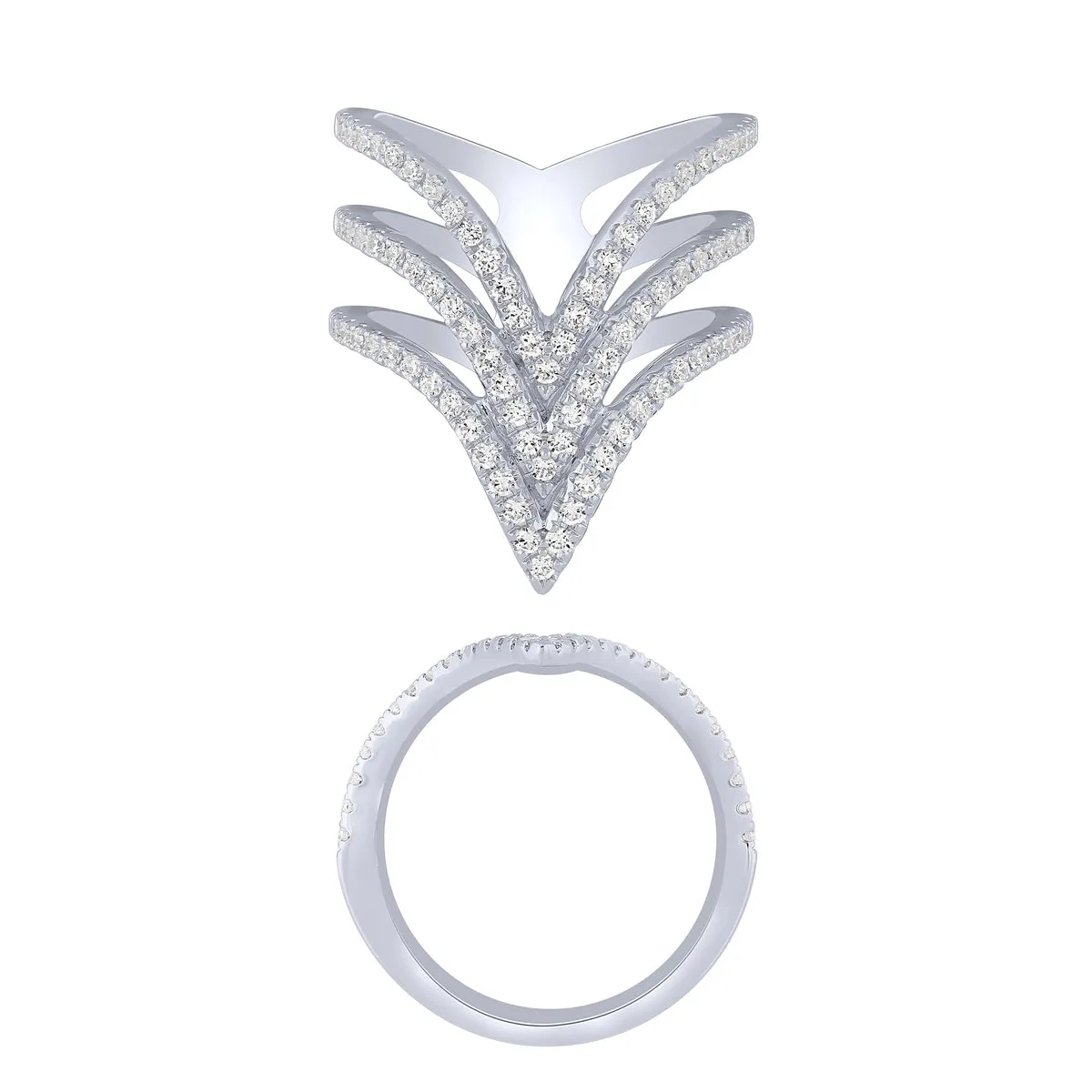 14K White Gold 2/3Ct 3 Row "V" Ring