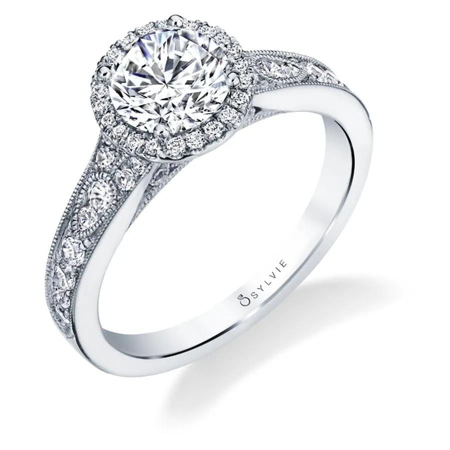 Sylvie Collection 14K White Gold Round Halo Engagement Ring Setting W. 1.50Ct Round