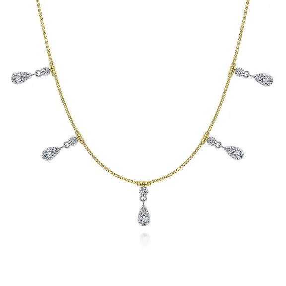 18 inch 14K Yellow and White Gold Pear Shaped Diamond Station Choker Necklace
