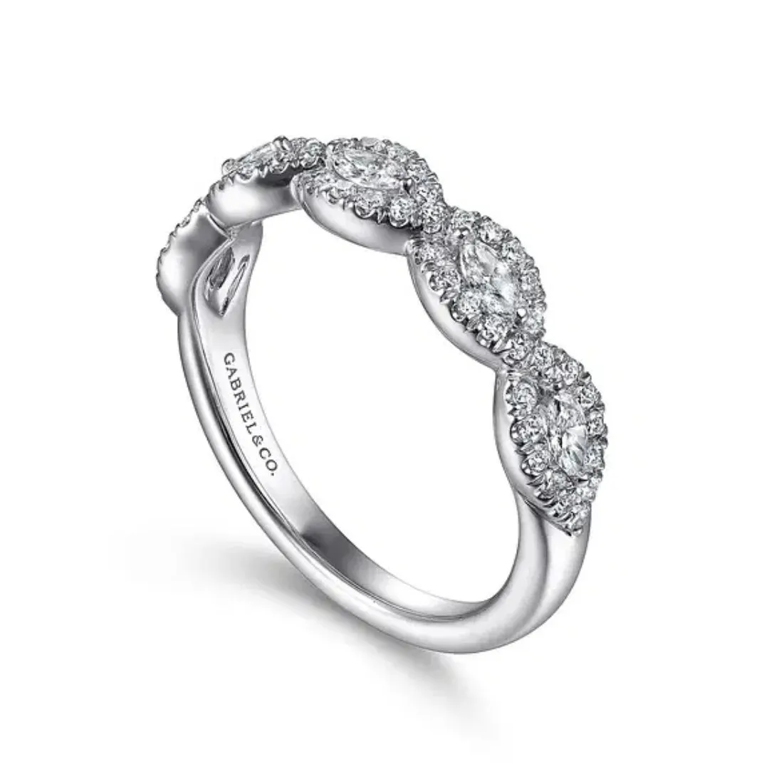 Moorea - 14K White Gold Round and Marquise Halo Station Diamond Anniversary Band - 0.5 ct