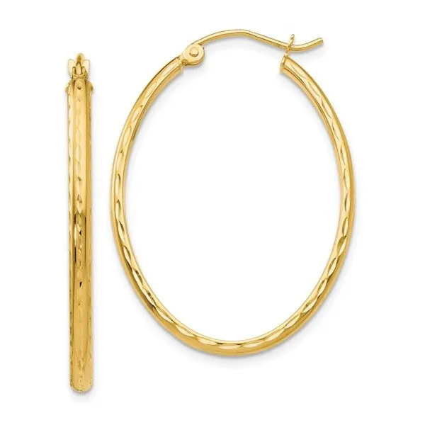 14K Yellow Diamond Cut Oval Hoop Earrings 001-425-00947