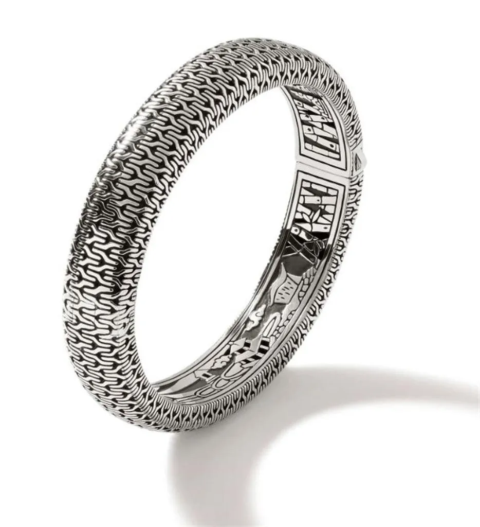John Hardy Carved Chain Sterling Silver Oval Hinged Bangle