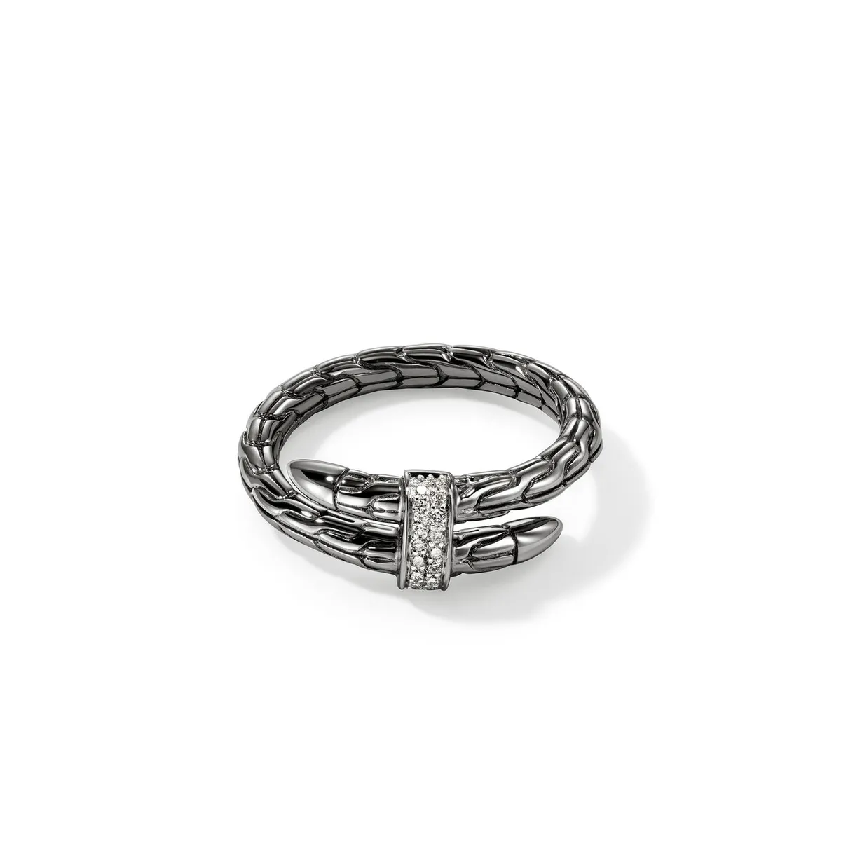 Spear Silver Diamond Pave Single Wrap Ring in Black Rhodium by John Hardy