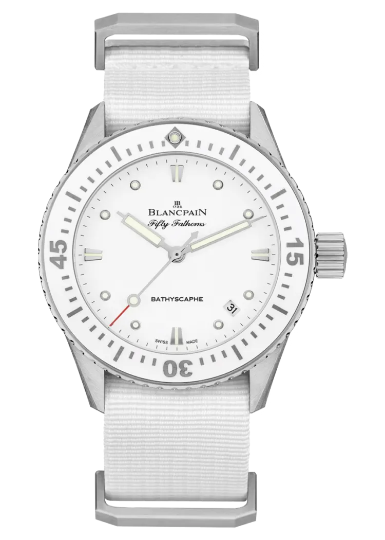 Blancpain Fifty Fathoms Bathyscaphe 38mm Ultra-Slim White NATO Ladies Watch - 5100 1127 NAWA