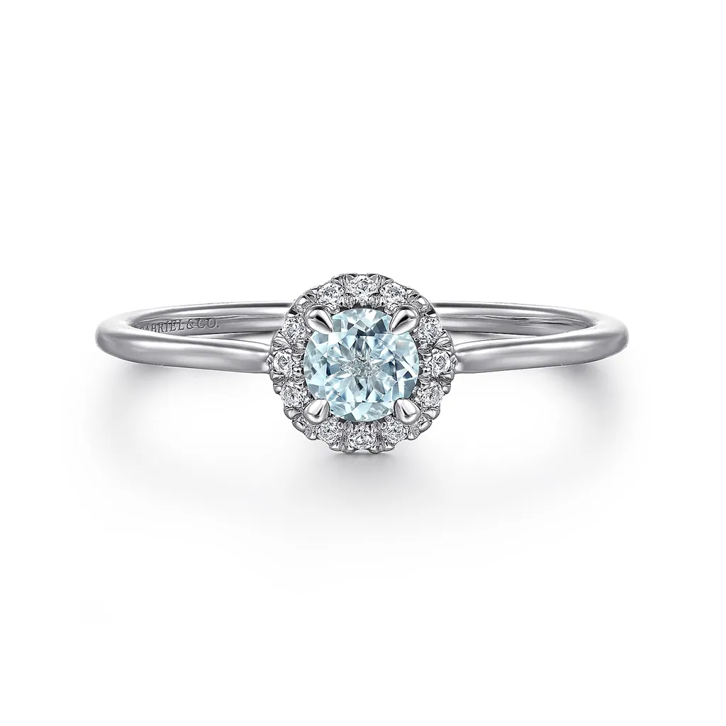 Gabriel & Co. Fashion 14K White Gold Aquamarine Diamond Halo Promise Ring