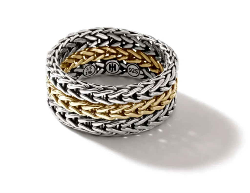 Two-Tone Sterling Silver/18K 9mm Rata Chain Ring John Hardy, Size 7