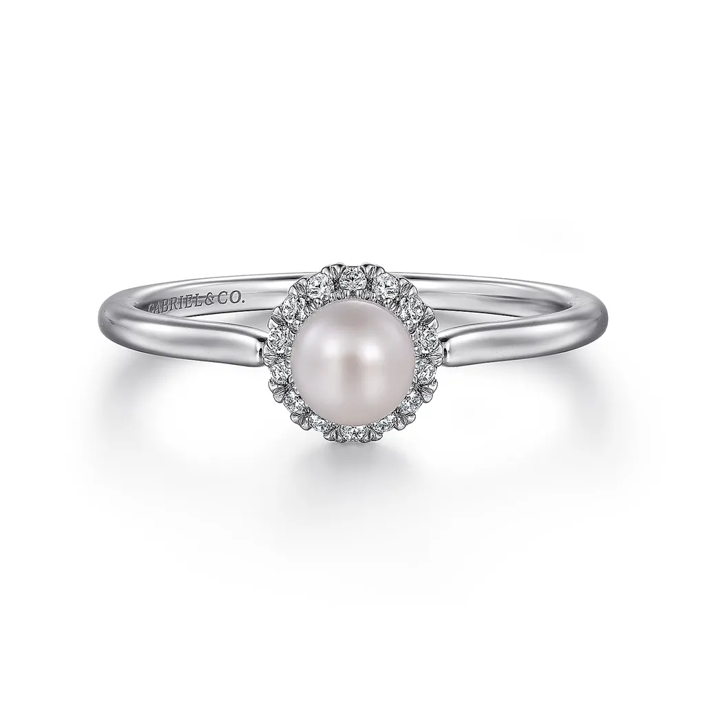 Gabriel & Co. Fashion 14K White Gold Pearl Ring with Diamond Halo