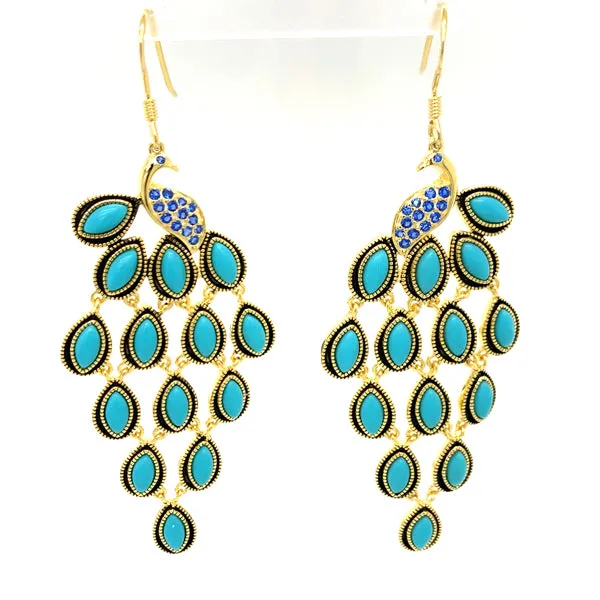 "Pavo" SS Gold Tone Fish Hook Peacock Design Chandelier Earrings with Blue CZ's and Imitation Turquoise 645-03237