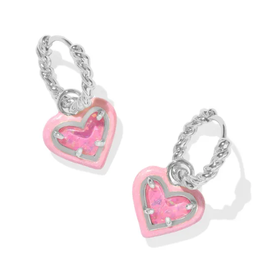 Ari Heart Silver Pink Iridescent Glitter Glass Enamel Frame Huggie Earrings by Kendra Scott