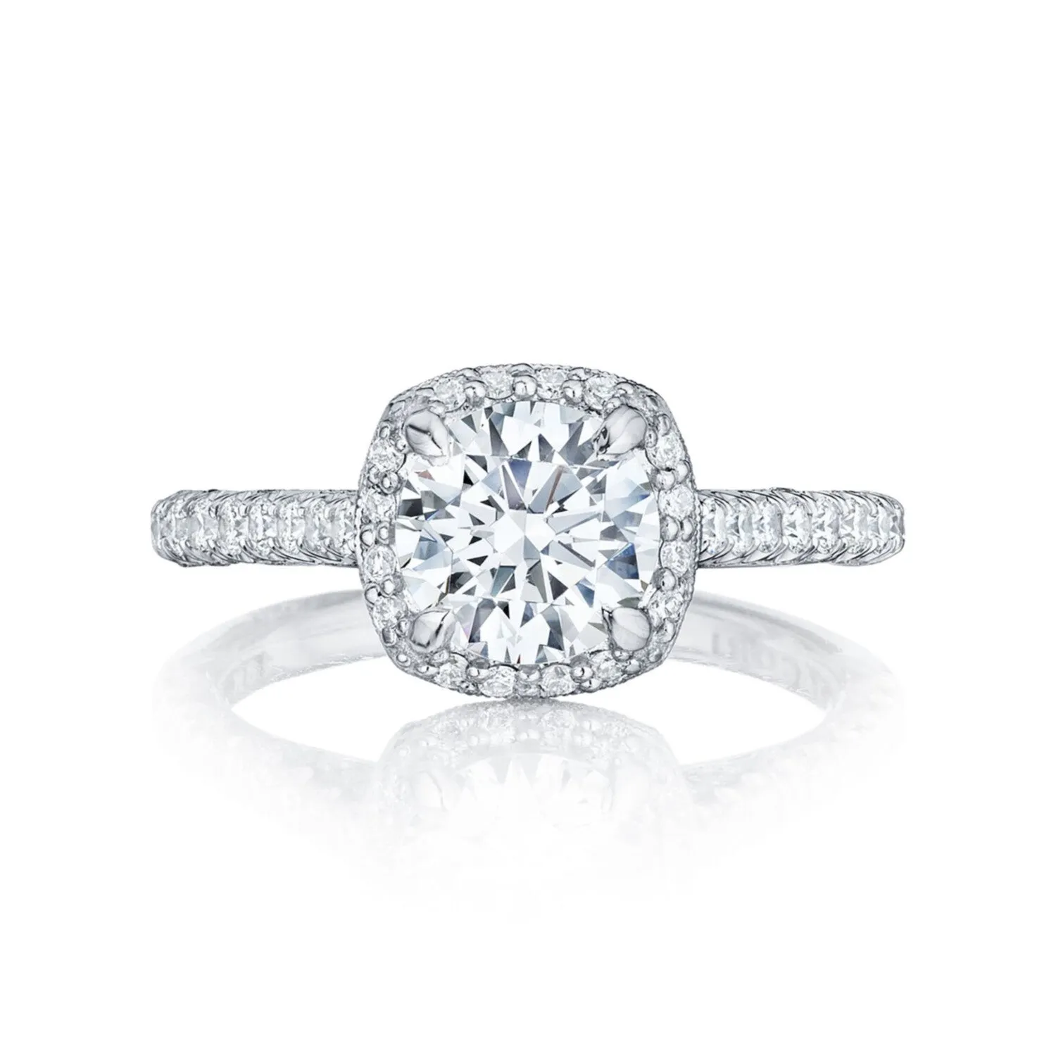 18K White Gold Tacori Petite Crescent 4-Prong Engagement Ring Mounting With Diamond Cushion Shape Halo (Setting Only)