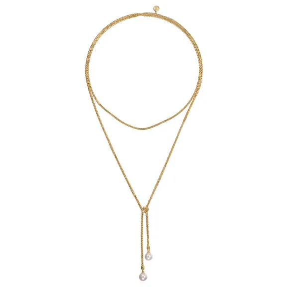 14K Yellow Gold 1.52cttw Fresh Water Pearl Wrap Around & Tie Necklace by Gabriel