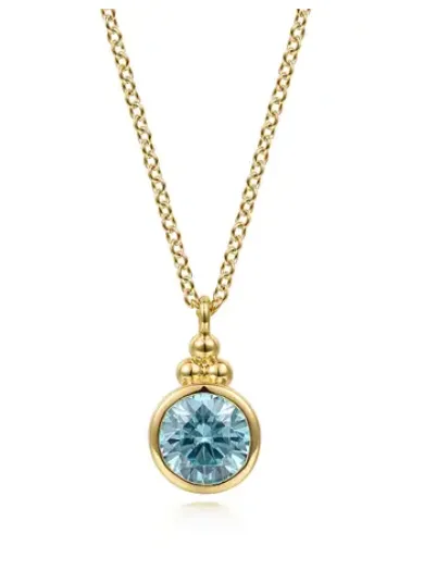 14K Yellow Gold 0.88ct Swiss Blue Topaz Bujukan Drop Pendant Necklace by Gabriel