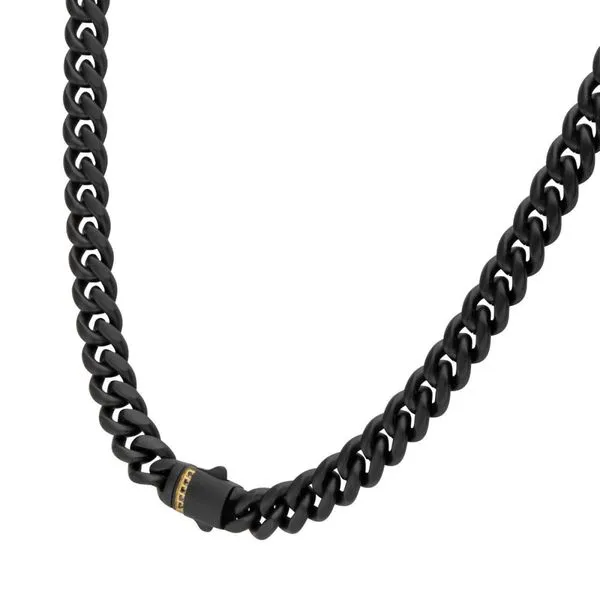 Men's Black IP Steel Miami Cuban Chain Necklace with Black Sapphire Gem 001-902-00054