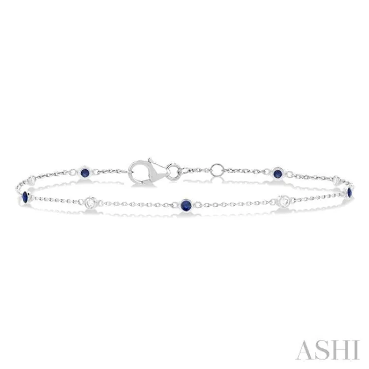 1.8 MM Sapphire and 1/10 Ctw Bezel Set Round Cut Diamond Precious Gemstone Station Bracelet in 14K White Gold
