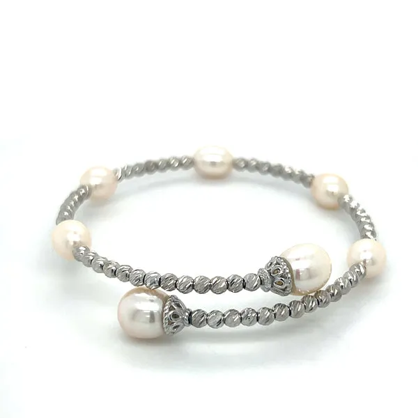 Sterling Silver Rhodium Plated Brilliance Bead and 6.5-9mm Freshwater Pearl Station Cuff Bracelet 7.5" 330-00113