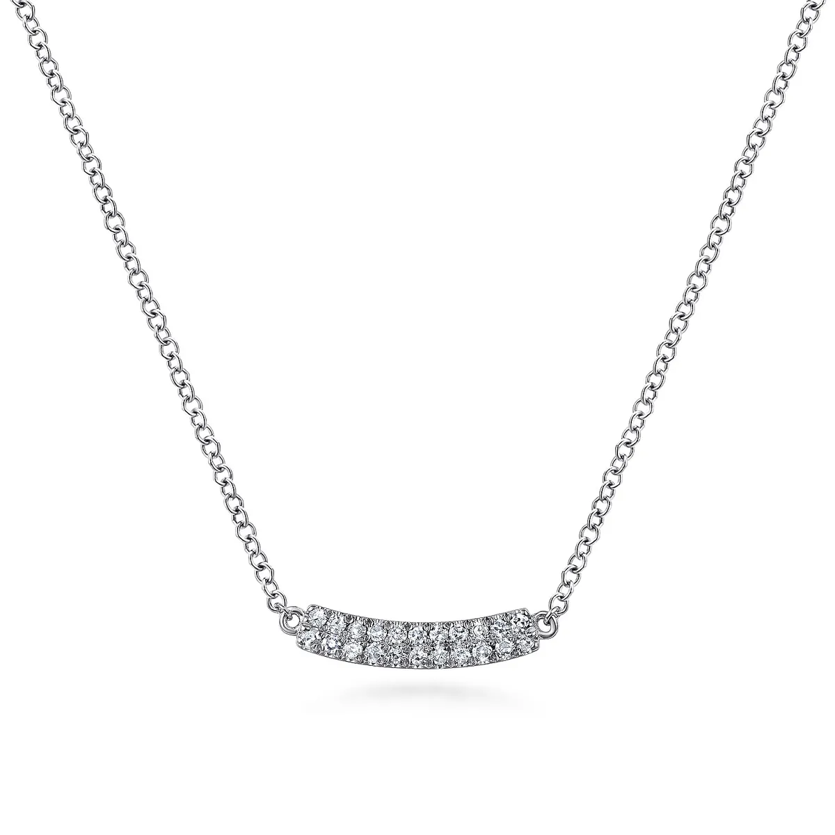 White Gold Curved Pave Diamond Bar Necklace