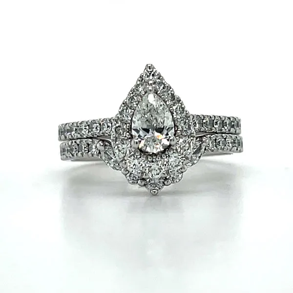 "Monet" 14K White Gold 1.37TDW with 1/2CT Center Pear Diamond Halo Engagement Ring with matching Chevron Diamond Wedding Band Elsie