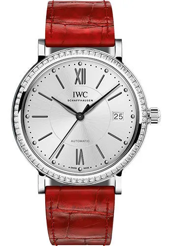 IWC Portofino Midsize Automatic Watch - 37 mm Stainless Steel Case - Silver Dial - Red Alligator Strap - IW458109