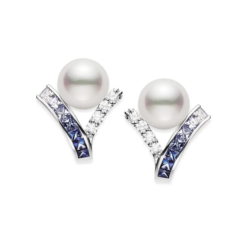 Mikimoto 18K White Gold Ocean Collection Akoya Cultured Pearl And Sapphire Earrings