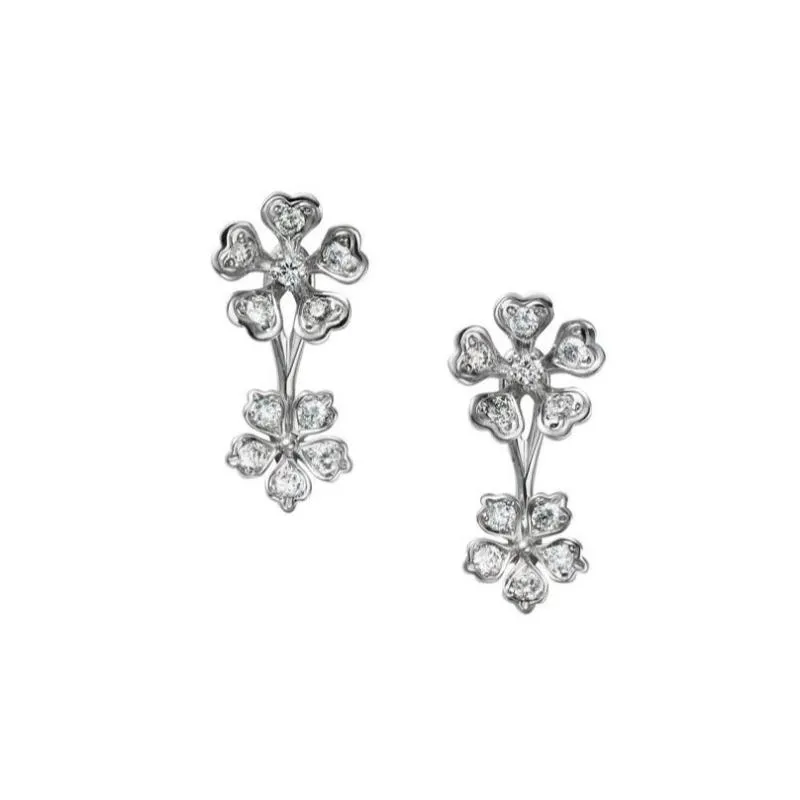 Mikimoto 18k white gold rhodium plated Bloom detachable flower drop earrings with diamonds weighing 0.40 carat total weight