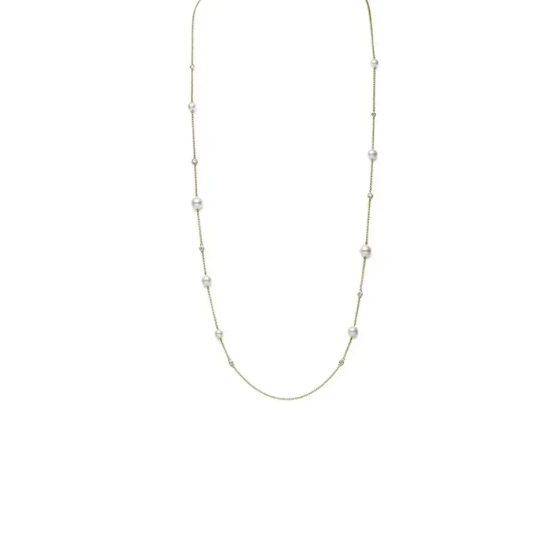 Mikimoto 18K Yellow Gold Akoya Cultured Pearl And Diamond Station Necklace