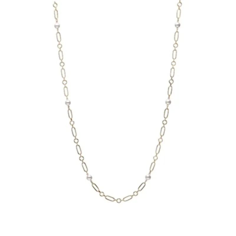 Mikimoto 18k yellow gold M collection link chain necklace with 6 pearl stations, 6.5mm/A+ akoya pearls, 24