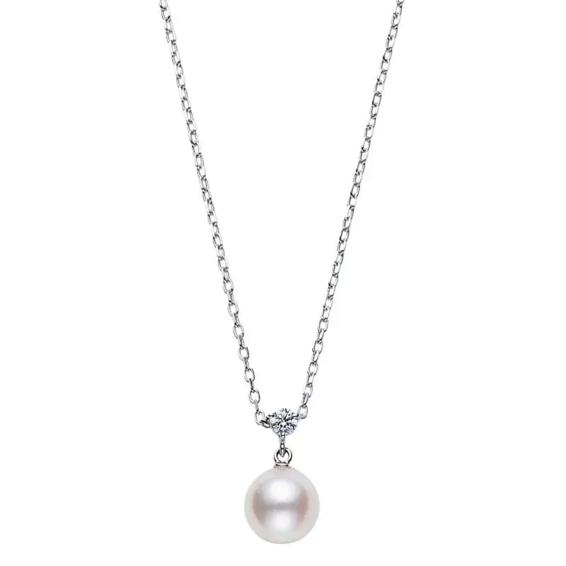 Mikimoto 18k white gold rhodium plated Classic pearl pendant necklace with a diamond, 8.25mm/A+ akoya pearl with a round diamond weighing 0.08 carat weight, 16
