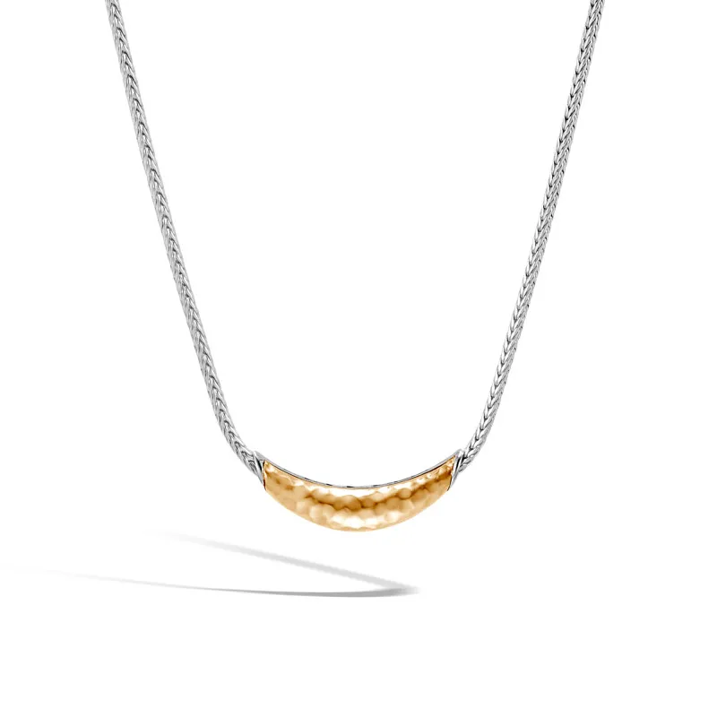 Classic Chain Station Necklace in Silver and Hammered 18K Gold