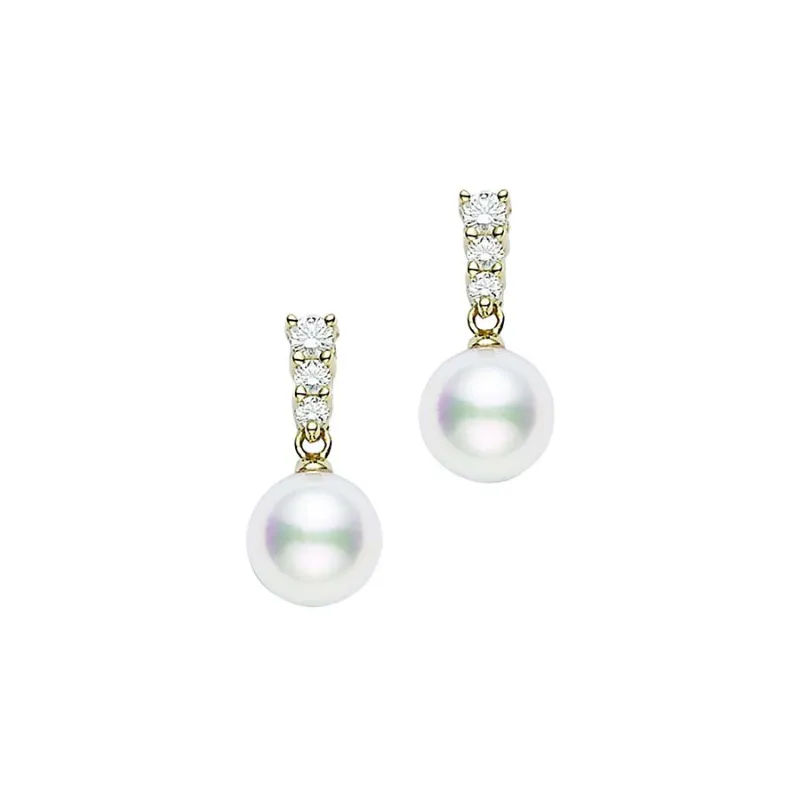 Mikimoto Morning Dew Akoya Pearl Diamond Yellow Gold Earrings