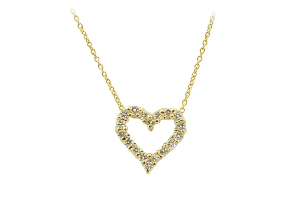 14Kt Yellow Gold Diamond Heart Necklace With 18 Round Full Cut Diamonds