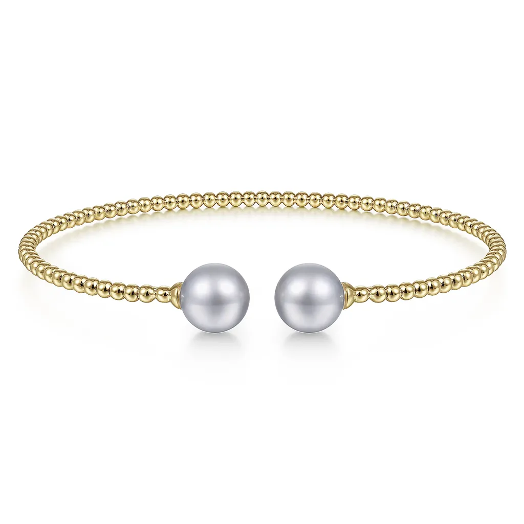 Gabriel & Co. Fashion 14K Yellow Gold Bujukan Bead Split Cuff Bracelet with Grey Pearls