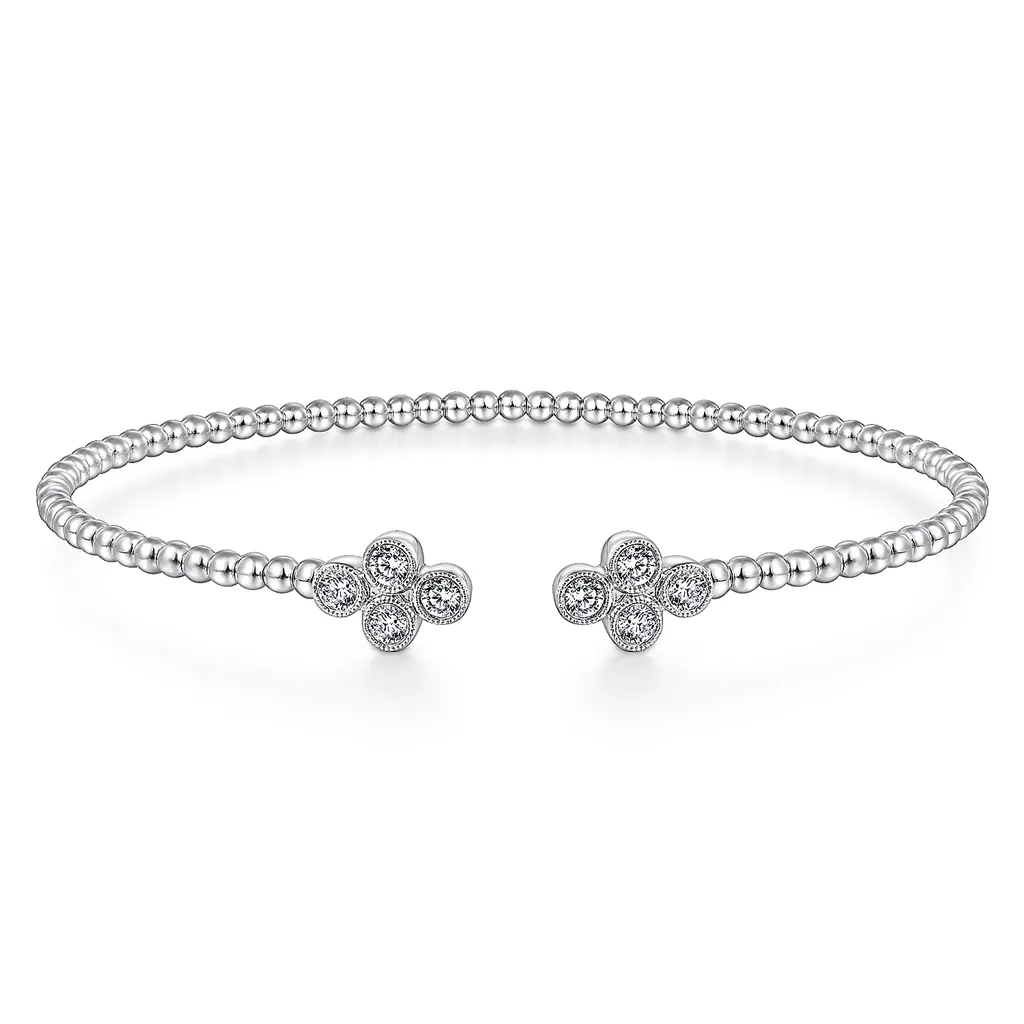Gabriel & Co. Fashion 14K White Gold Bujukan Bead Split Cuff Bracelet with Quatrefoil Diamond Endcaps