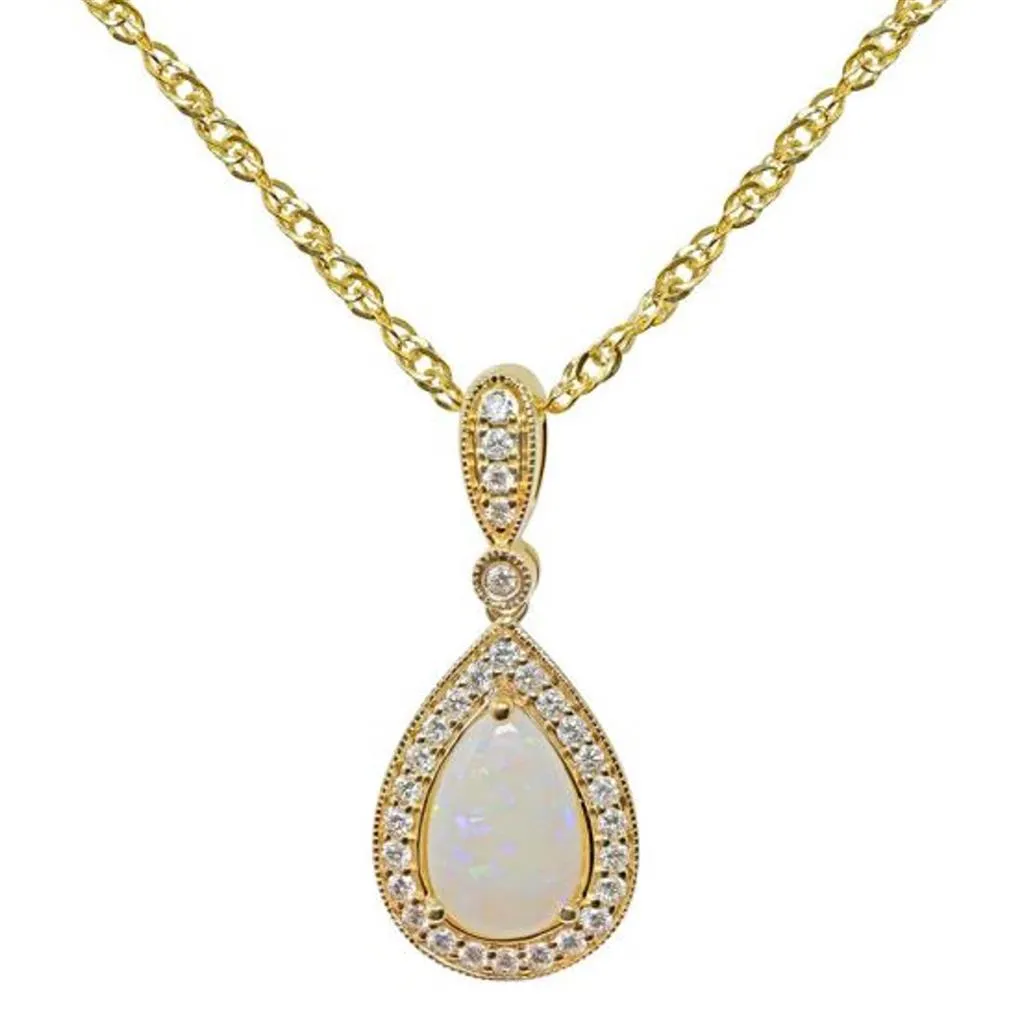 14K Yellow Gold Opal Diamond Halo Pendant Necklace JP6577OP