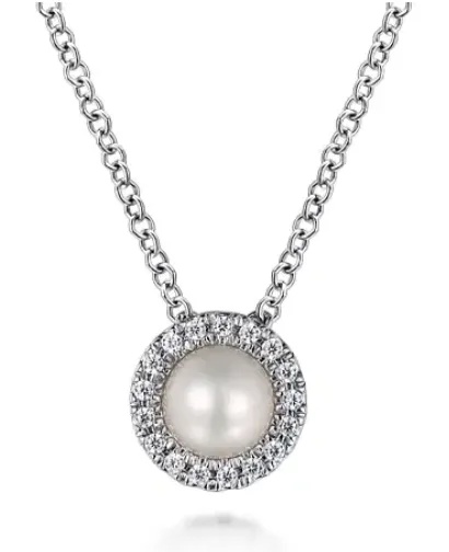 14K White 0.20cttw Fresh Water Pearl & 0.07cttw SI H-I Diamond Halo Pendant Necklace by Gabriel