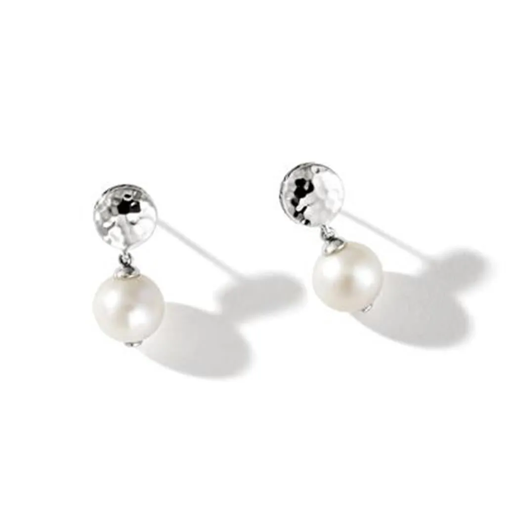 John Hardy Classic Chain Hammered Silver Earrings with 9-9.5mm Fresh Water Pearl